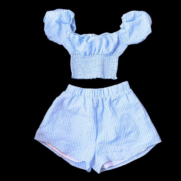 Blue Gingham Puff Sleeve Crop Top & Shorts Set – XS/S - Picture 1 of 9
